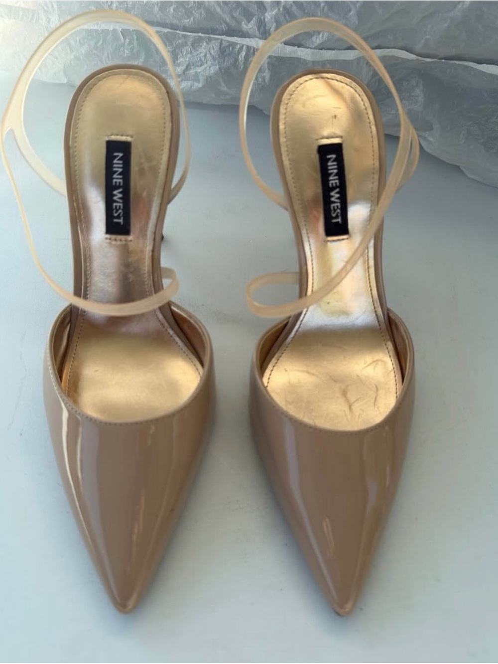 Nine West Patent Nude Pointed Slingback Heels with Ankle Wrap